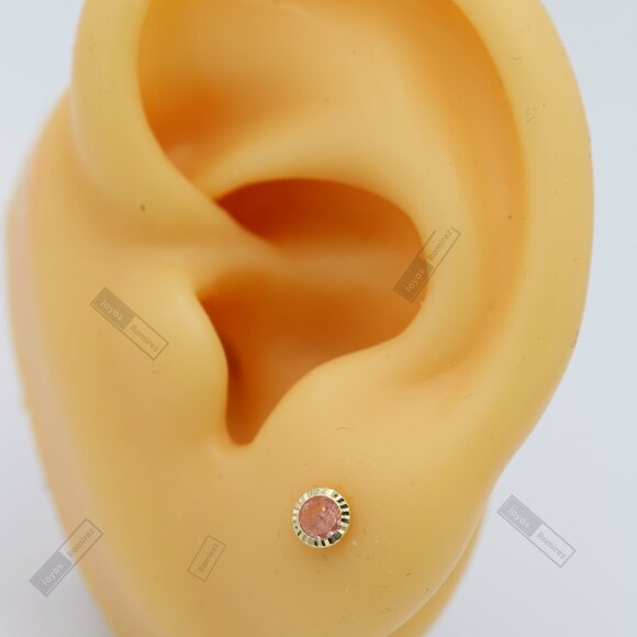 14K Solid Yellow Gold Round Pink CZ Stud Earrings • 4mm Feminine Elegant Design. - Picture 7 of 9